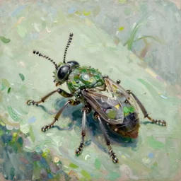 a portrait of an intensely lit insect full of piercings, modeling, green, oil painting, pale colors, high detail, 8 k, wide angle, trending on artstation,