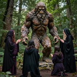 group of occultist worshipping a bigfoot statue