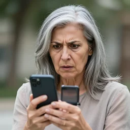 astonished and angry middle aged lady looking at smartphone, unsure expression, uncombed hair, greek ethnicity, persian face structure, straight grey hair, angry eyes, photo, realistic, outdoor lighting, 4 k, 8 k, hd, 3 9 mm lens