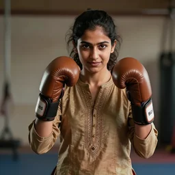 young pakistani woman kickboxer, wearing a kurta, strong, muscular, smiling, digital portrait by greg rutkowski, intricate, soft focus, highly detailed, cinematic, epic, artstation