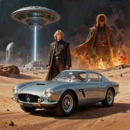 cinematic 1 6 mm film, moebius and ralph mcquarrie maserati tipo 1 5 1, futuristic sci - fi, painting, pulp sci - fi, star wars dune, the incal