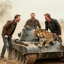 3 angry men screaming at a panther tank