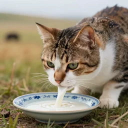 cat drinks milk from a small porcelain plate, in game pathologic 2, digital art, steppe colours, cinematic composition, sharp, details, hd