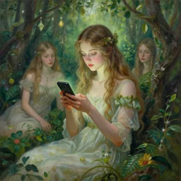 goddess of nature, checking her phone, art by josephine wall, magic realism, fantasy, art by huang guangjian, art by amanda sage, viktoria gavrilenko