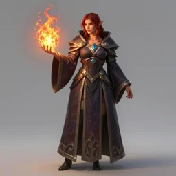 Hearthstone official professional art. A sorceress, wearing a robe casting a fire ball. Incredibly logical & professional physical body parts (face (real eyes), arms, legs, hair, unbelievably inflated hips, amazingly tiny waist). Full body realistic, sharp focus, 8k high definition, insanely detailed, intricate, elegant, smooth, sharp focus, illustration, ArtStation