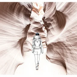 backpacking through slot canyons, minimalist line art by moebius, clean long lines, ultra detailed