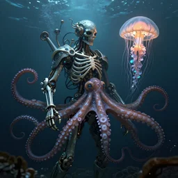 wide angle long shot underwater photography of a biopunk human skeleton in symbiosis with an octopus and a jellyfish, intricate and ornate alien technology, bioluminescence, bloom, dim rim lighting, by victor grasso and scott musgrove, and h. r. giger and tooth wu, digital illustration, concept art, cg society
