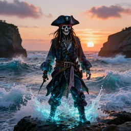 undead ethereal pirate, crashing glowing waves in background, sunset, coastal cliffs