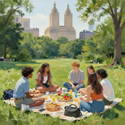 a young generation z group of friends having a picnic in a central park manhattan new york on friday mid - summer of 2 0 2 2, in the style of an edward hopper painting
