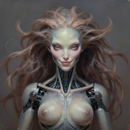 perfectly centered portrait front view of a beautiful biomechanical alien goddess, flowing hair, intense stare, sweet smile, symmetrical, concept art, intricate detail, volumetric shadows and lighting, realistic oil painting by alex grey,