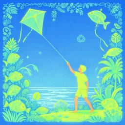 fluorescent soft pleasing - beach fisher men boy with kite, perfectly intricate, dense, spotless, environment matte painting from fantasia pastel from fantasia ( 1 9 4 1 )