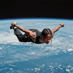Travis Scott flying over Earth, satellite photo, 4k, Aubrey Powell, beautiful cinematography, surreal, film grain