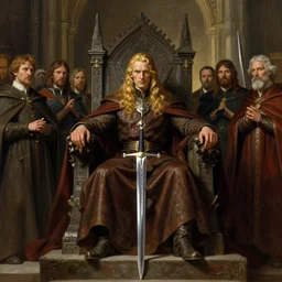 Elric of Melnibone seated on his throne, surrounded by his court, holding his sword Stormbringer, by Thomas Cole and Wayne Barlowe