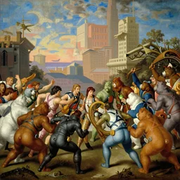 gi. joe plastic action figures in a massive battle against the care bears across a metropolitan landscape, high level of detail in the style of giovanni battista tiepolo