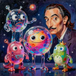 a hd surrealism painting of 3d cast glass galactic trippy neon cartoon surrealism creatures by salvia dali the fourth, salvador dali's much much much much more talented painter cousin, 4k, ultra realistic