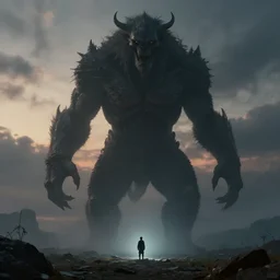 a tall terrifying humanoid beast looming over a tiny human in a surreal landscape at dusk, dark fantasy, artstation, cinematic, epic lighting, agostino arrivabene