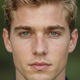 close up photo of a handsome mediterranean man, green eyes, short blond hair, realistic, very detailed face, 8 k, symetry!!