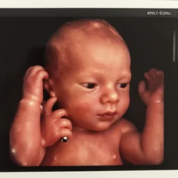 ultrasound portrait of fetus holding a gun