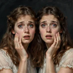 frontal portrait of scared female twins, by j. c. leyendecker.