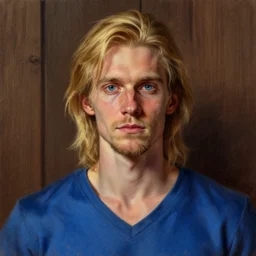 digital pastel portrait of a skinny white male, slightly longer blond hair and a light stubble beard, wearing a blue vneck shirt, blue eyes, little rugged, dnd, fantasy, wizard, trending artstation, dungeons & dragons, neutral expression, wood background, award winning dark lighting, realistic