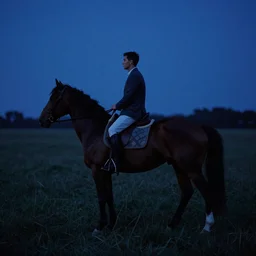 A man riding a horse into the night by Roger Dean, blue hour, 8K concept art, shot on Kodak Ektar