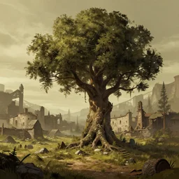fallout westland old tree amongst the forgotten city, game concept art, illustration