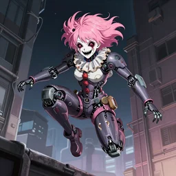 by kyoto animation, very creepy clown robot ghost in the shell girl pink hair, jump from a building, tears from the eyes, wearing cyberpunk intricate streetwear, beautiful, detailed portrait, intricate complexity, ilya kuvshinov, cell shaded, 4 k, concept art, by wlop, ilya kuvshinov, greg rutkowski, sharp focus, volumetric lighting, cinematic lighting