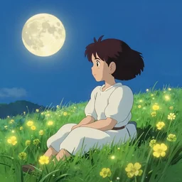 Chaika sitting in a field of Ghibli Clover | Big Moon at Blue Night | GLOWING FLOWERS | strong blue rimlit | visual-key | anime illustration | highly detailed High resolution | Light Novel