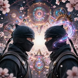a headshot gemini ninjas wearing a cowl!!!!, facing each other!!!!!! surrounded by fractals and mandalas and cherry blossoms and hadron collider technology and metal gears and swirling bioluminescent energy!!!!!!!!!, art by peter mohrbacher and dan mumford, 8 k octane render, hyperrealistic,