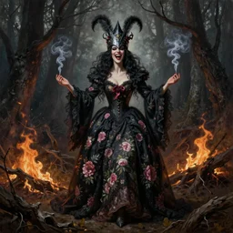 full body shot, malevolent witch facing front laughing maniacally, smoke hair, ornate crow helmet, floral dress, dead forest on fire, fantasy, intricate, photorealistic, elegant, stylish, highly detailed, smooth, sharp focus, oil painting by vermeer