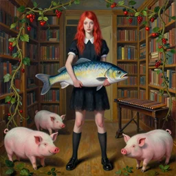 tall emo female artist holding a large fish standing in a library, berries, vines, pigs, xylophone, acrylic on canvas, surrealist, by magritte and monet