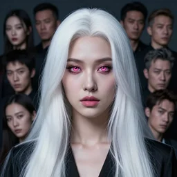 a beautiful portrait of an attractive women with long white hair and deep pink eye colour by greg rutkowski, sung choi, mitchell mohrhauser, maciej kuciara, johnson ting, maxim verehin, peter konig, 8 k photorealistic, cinematic lighting, hd, high details, dramatic, atmosphereric, trending on artstation