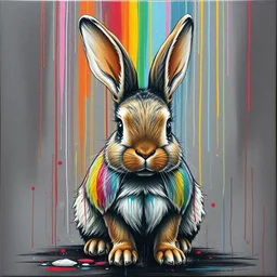 rainbow rain on a bunny as graffiti art on canvas, high detail, matte finish, trending on artstation, ghetto, masterpiece, sharp focus, centered, high quality paint