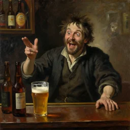 an excited and very drunk man standing behind a bar reviewing different beers, dim lighting, disheveled, happy, rembrandt, oil on canvas
