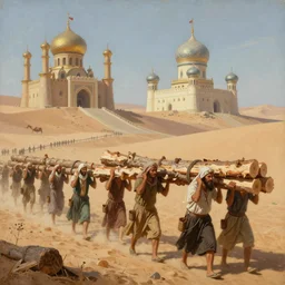 this painting depicts a scene from a fantastical empire that is a mix of middle eastern and scandinavian cultures. the main export of this empire is lumber, and the painting shows a group of workers carrying lumber through a desert landscape.