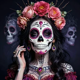 a gorgeous fancy skull lady by dan mumford and gil elvgren, sugar skull, hyperrealism, intricate details, exceptional beauty, fool, rasterized