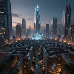 a beautiful ultradetailed render of building labyrinth nature urbex abandoned industrial architecture city architecture by stanley spencer, at night extraterrestial liberty city cgsociety dieselpunk retro sci - fi made of glass atlantis crystal universe sea assassin's creed at dusk at dawn, archdaily, wallpaper, highly detailed, trending on artstation.