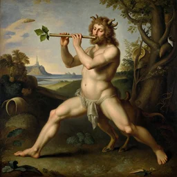 satyr god faun pan with hoofs and playing flute with wine leaf high resolution 8 k in style of michael hussar and hieronymus bosch 8 k
