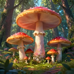 colorful giant mushrooms in a forest, masterpiece, fantasy world, octane render, art station