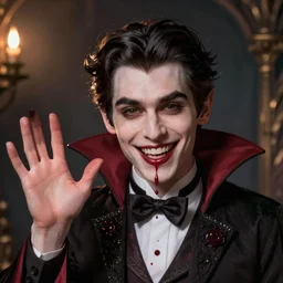 an adorable vampire waves to the viewer as blood drips from her grin.