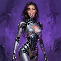 attractive female i robot sticking tongue out sensually and sweating, full body portrait, intricate, elegant, purple volumetric lighting, scenery, digital painting, highly detailed, artstation, sharp focus, illustration, concept art, luis rollo, ruan jia, steve mccurry, john berkey