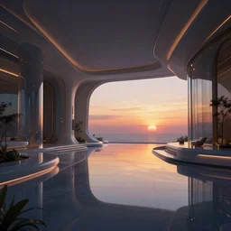 futuristic hall, crisp, artstation, luxury, beautiful, dim painterly volumetric aquatic sunset lighting, 3 d concept art