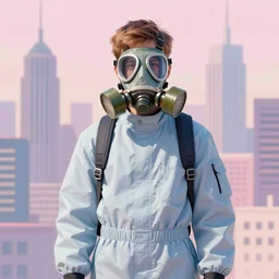 teenager wearing a boiler suit and a futuristic gas mask, city skyline in the background, pastel colours, science fiction concept art, by Anton fadeev