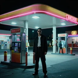 a scene from the matrix that takes place in a gas station in the night time, vaporwave aesthetic, neon signs, superliminal 8 k uhd, unreal engine, octane render in the artstyle of finnian macmanus, john park and greg rutkowski