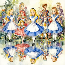 a beautiful insanely intricate watercolor illustration of alice in wonderland, reflexions, colorfull, by william turner art, by greg rutkowski, by james jean, by rossdraws, by frank franzzeta, by sakimichan, trending on artstation, insanely detailed, masterpiece,