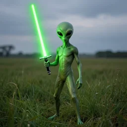 an alien is standing in a field with a green lightsaber