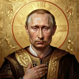 vladimir putin as an orthodox icon, grim - lighting, high - contrast, intricate, elegant, highly detailed, digital painting, artstation, concept art, smooth, sharp focus, illustration