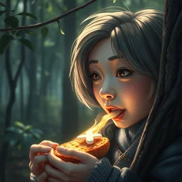 a detailled portrait of a 👩 eating 🍜 in a forest, next to a 🌲 | portrait by wlop, noriyoshi ohrai | forest background by canaletto | trending on artstation, volumetric light, raytracing