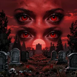 red, red sky, depth, creepy, eyes, graveyard, death, dead, red eyes, 8k, hyperrealistic, depth, vray, high resoulution, eathly