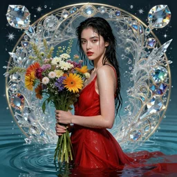portrait of a beautiful woman wearing a red dress, holding a bouquet of flowing flowers, drenched body, wet dripping hair, emerging from the water, fantasy, regal, fractal crystal, fractal gems, by stanley artgerm lau, greg rutkowski, thomas kindkade, alphonse mucha, loish, norman rockwell